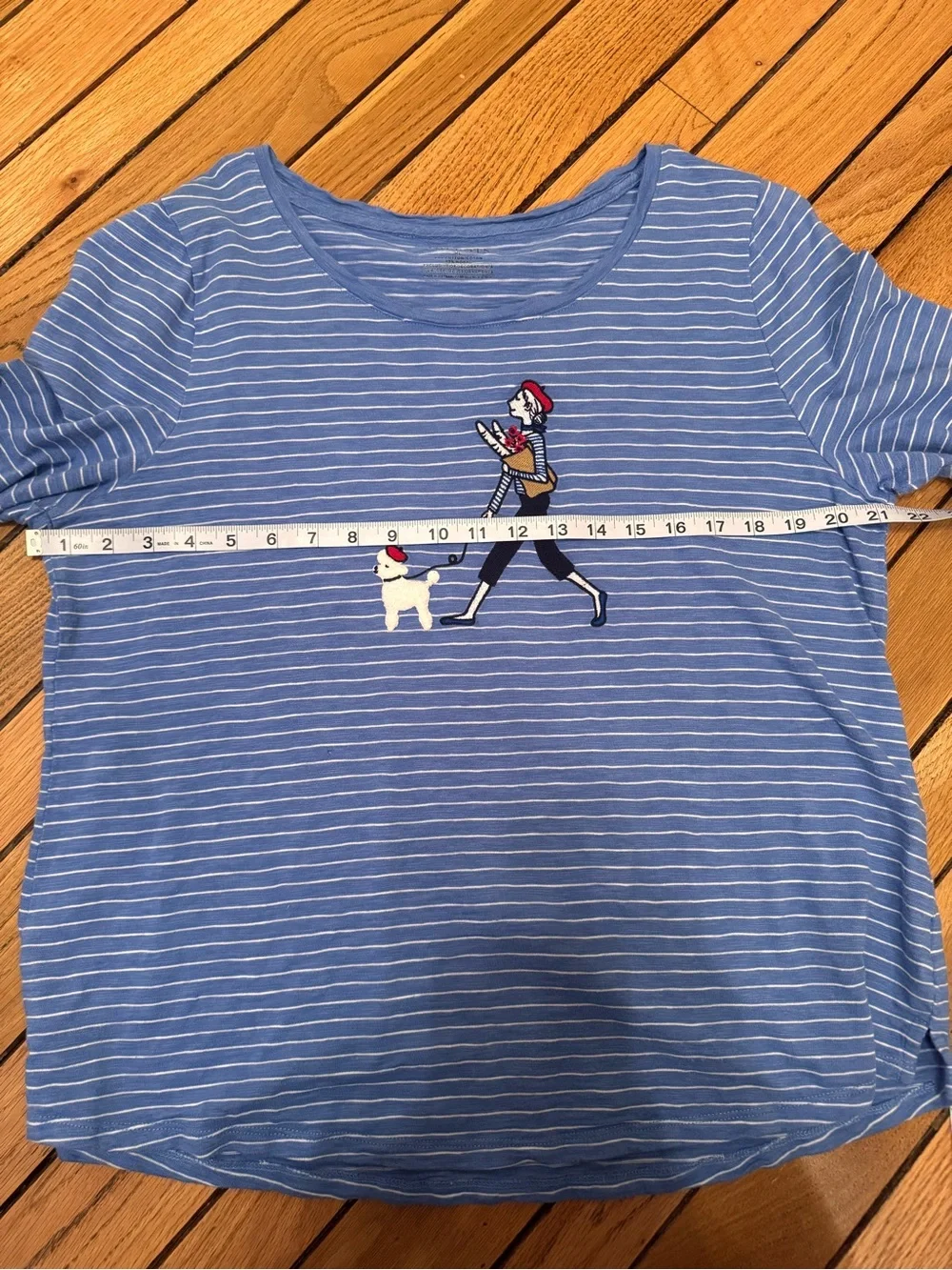 Talbots Blue Striped Long-Sleeve Tee with Dog-Walking Embroidery